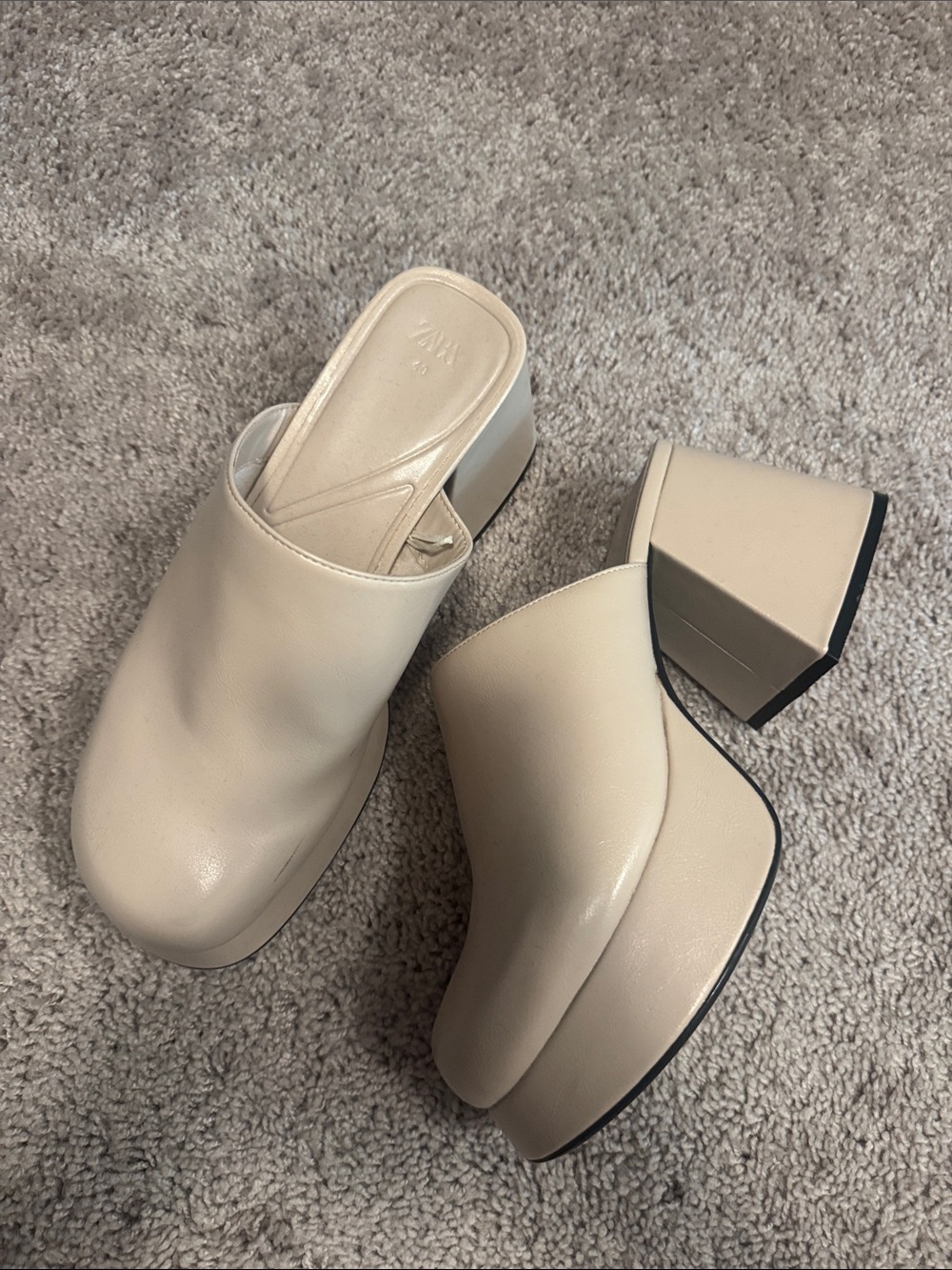 Zara Beige Platform Block Heel Mules